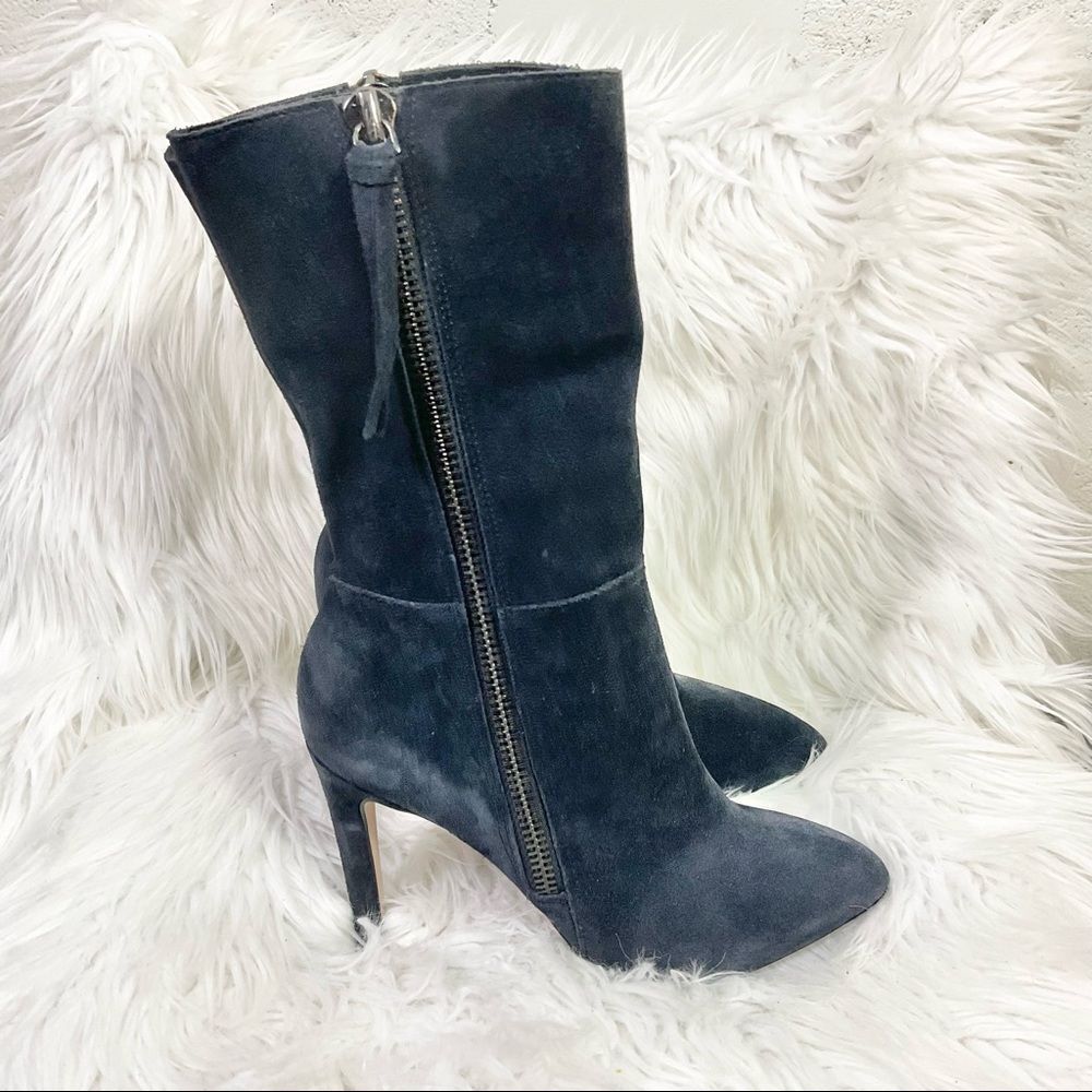 NEW Neiman Marcus Minix midnight blue leather mid calf heels pointed toe boots 7